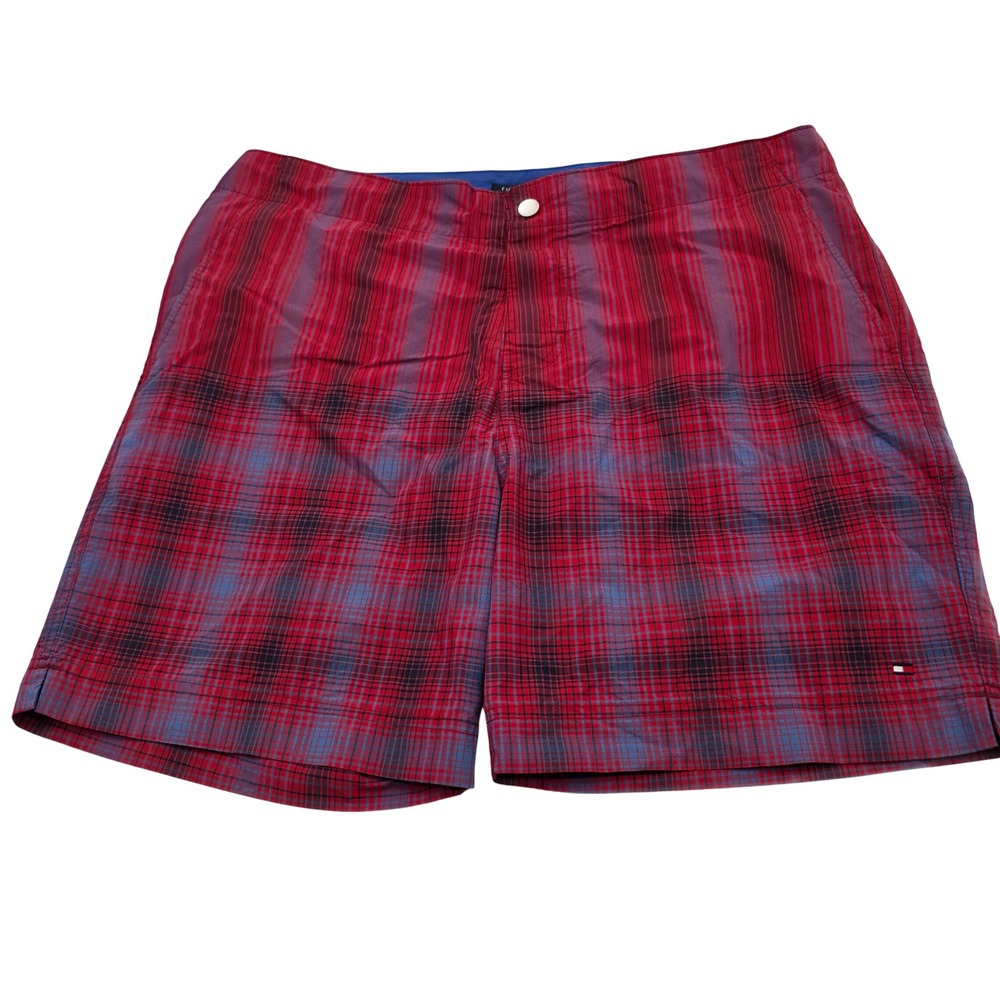 Preppy Tommy Hilfiger Swim Trunks Men XL Red Blue Plaid Mesh Lined Board Shorts